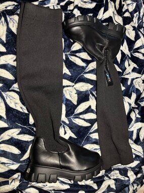 Black Knit Sock Boots Lug Sole Over-the-Knee Size 39